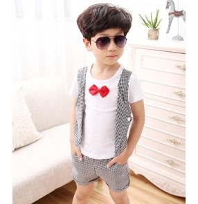 White and black plaid 3pieces in one set boys children kids stage performance jazz hip hop modern dance school play outfits costumes